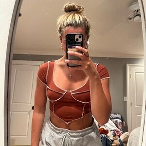 SHEIN Terracotta Crop Top with White Stitching